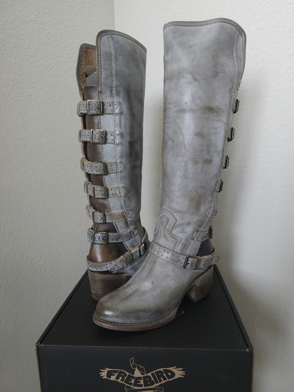 New Freebird by Steven Callisto Gray Distressed Leather Knee-High Boots